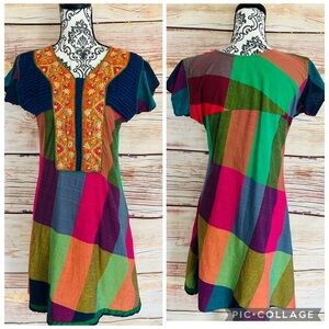 R Women’s Multicolor Plaid Embroidered Short Sleeve V-Neck Dress Size XXL
